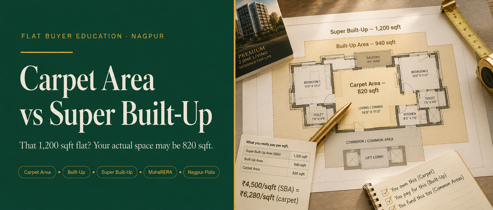 Carpet Area vs Built-Up Area vs Super Built-Up Area — What Every Flat Buyer in Nagpur Must Know